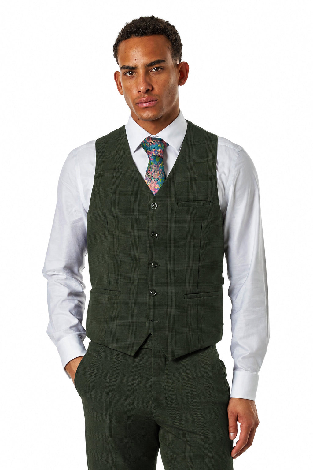 Finley - Men's Olive Green Prince of Wales Check Tailored 3 Piece Suit