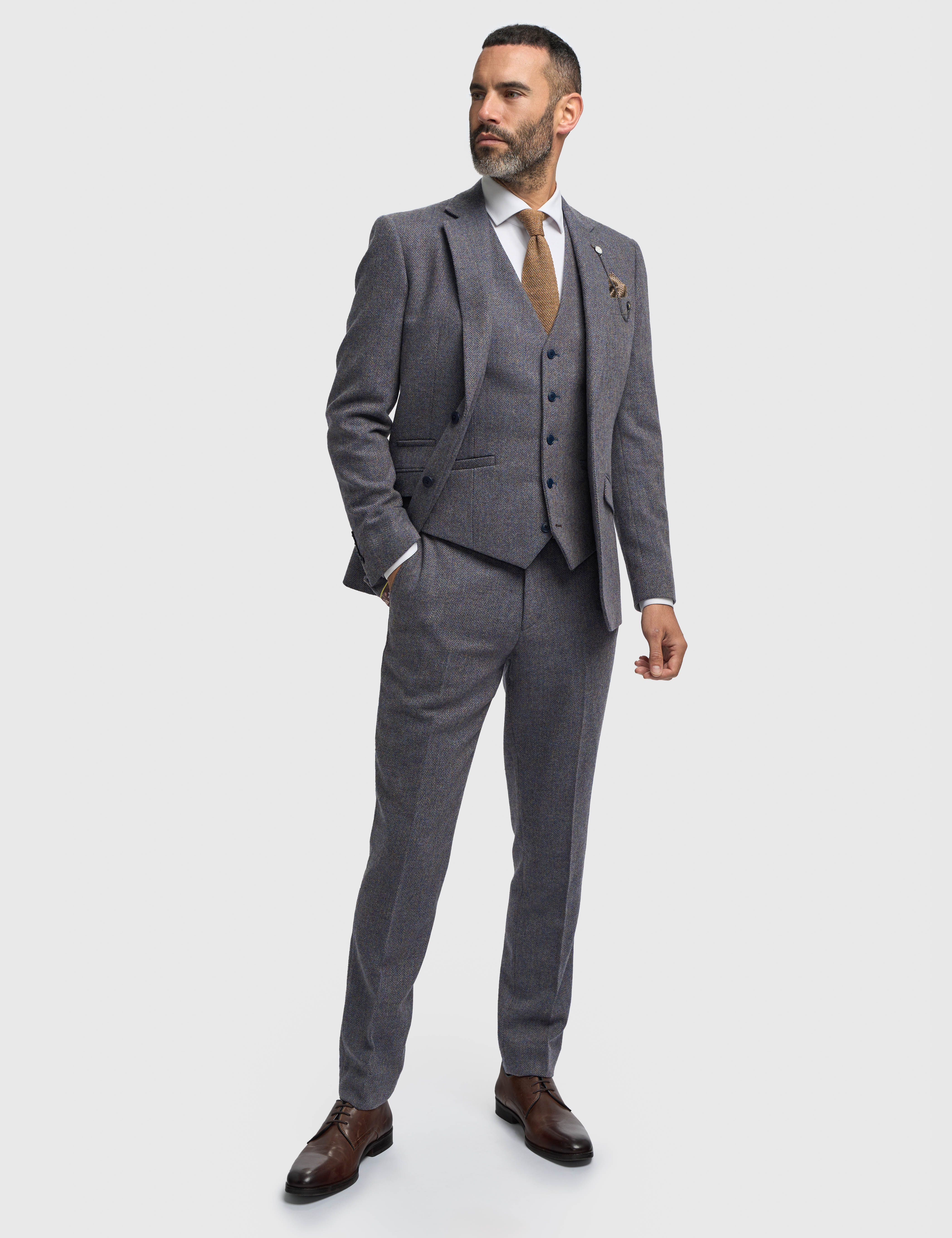 CAVANI Thomas Tailored Suit Wool Rich Savoy Grey Herringbone