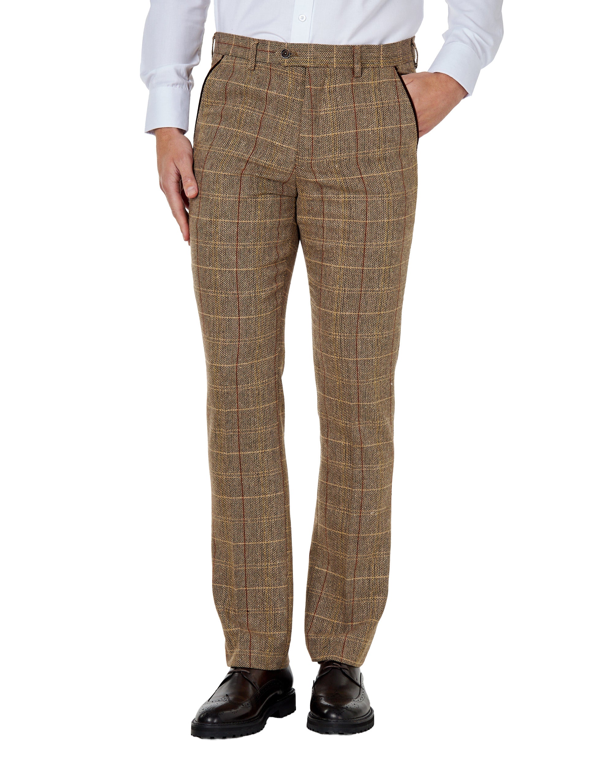 Carlo - Mens Brown Tweed Checks Tailored Fit Trousers