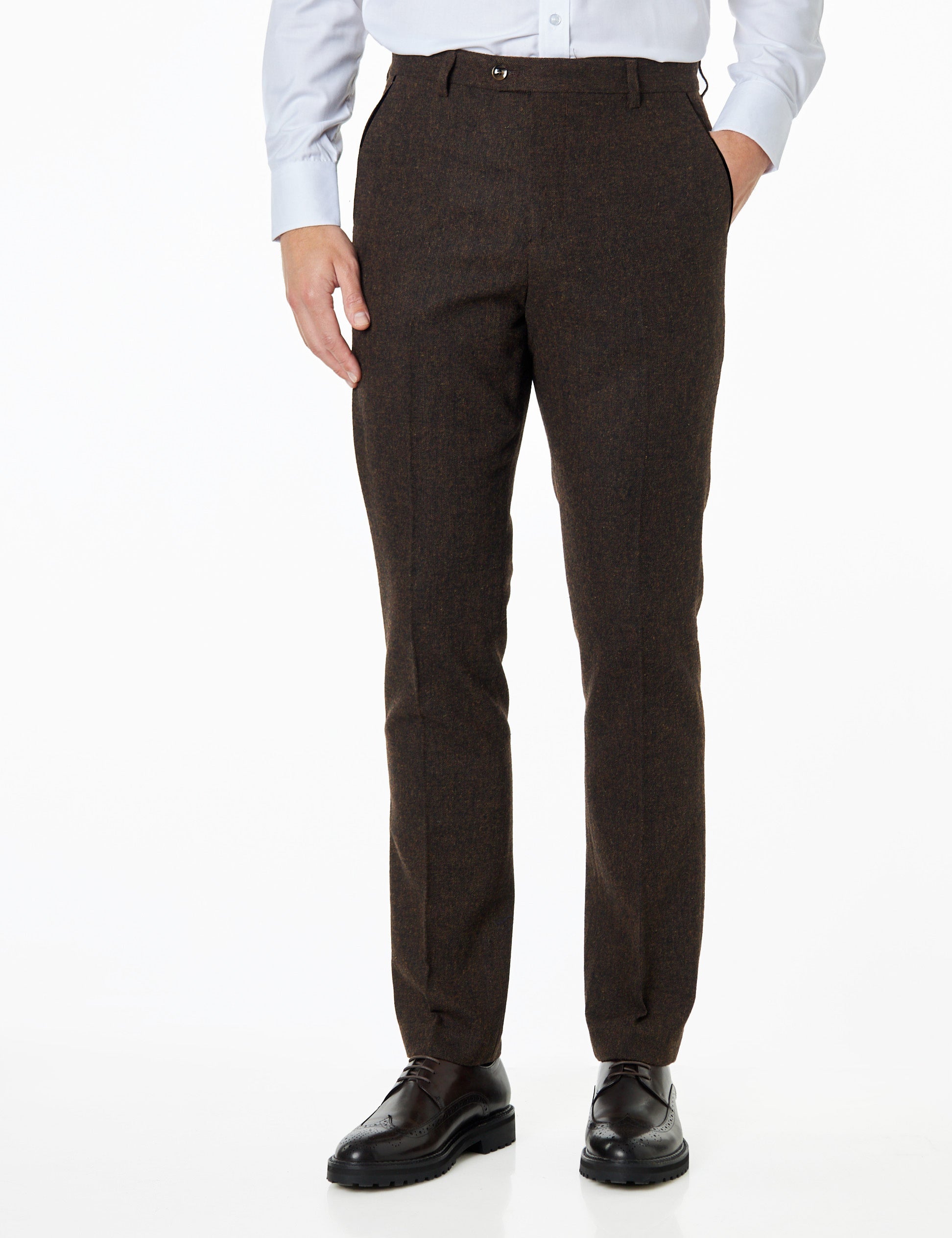 Dane D1-  Mens Coffee Classic Herringbone Tweed Tailored Fit Trousers