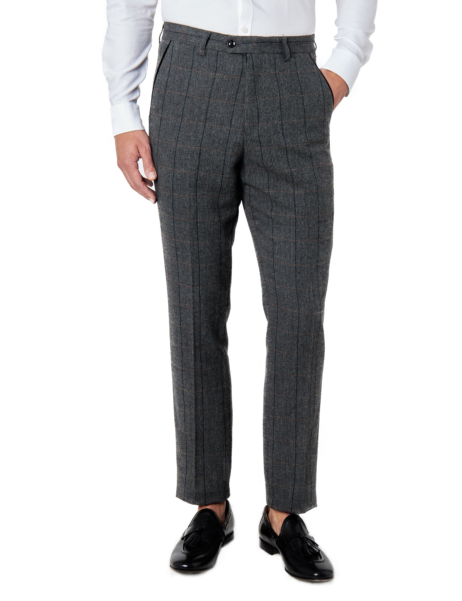 Elton E1 - Mens Black Herringbone Tweed Checks Trousers