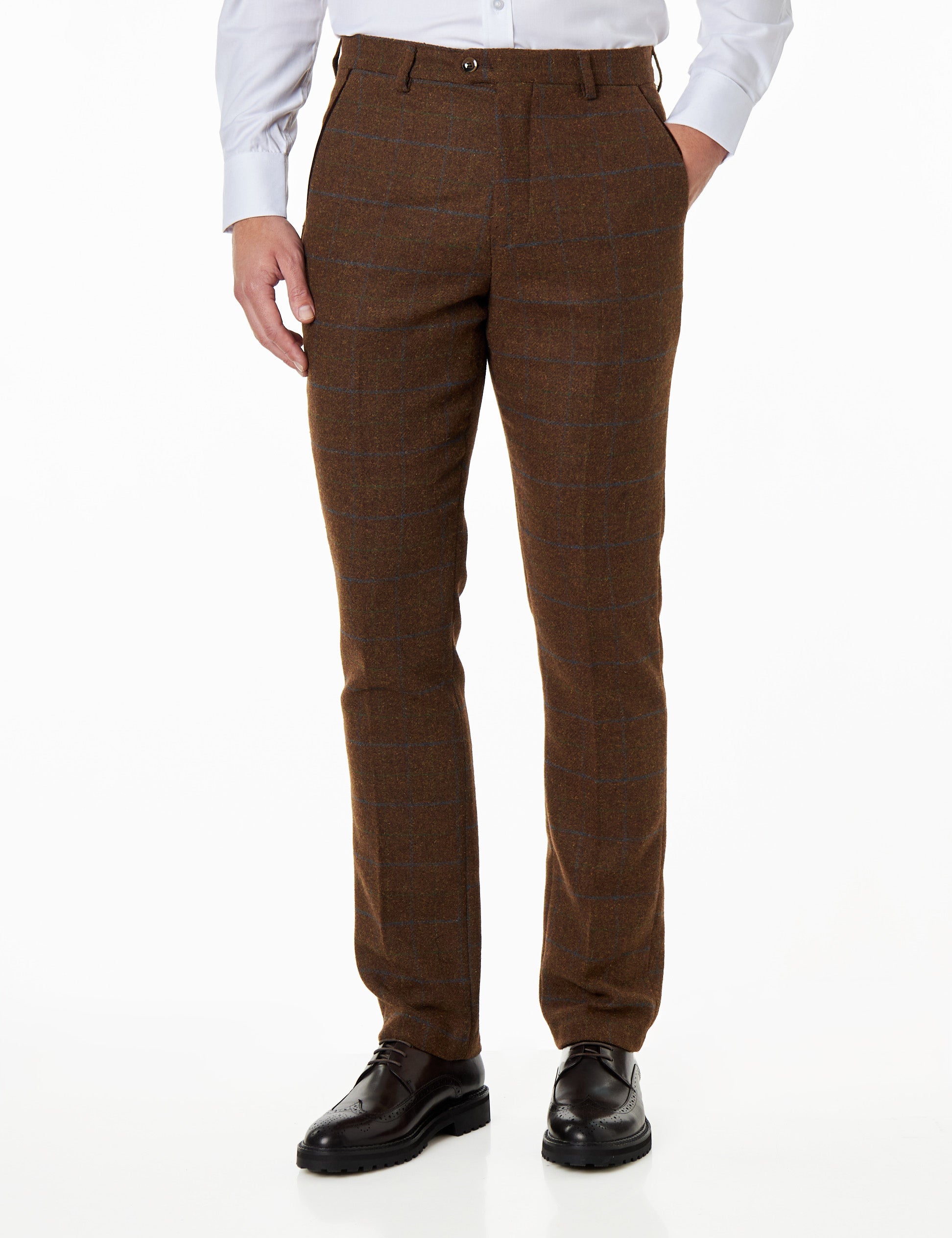 VITORI A1 - Mens Brown Vintage Styled Check Herringbone Tailored Fit Trousers