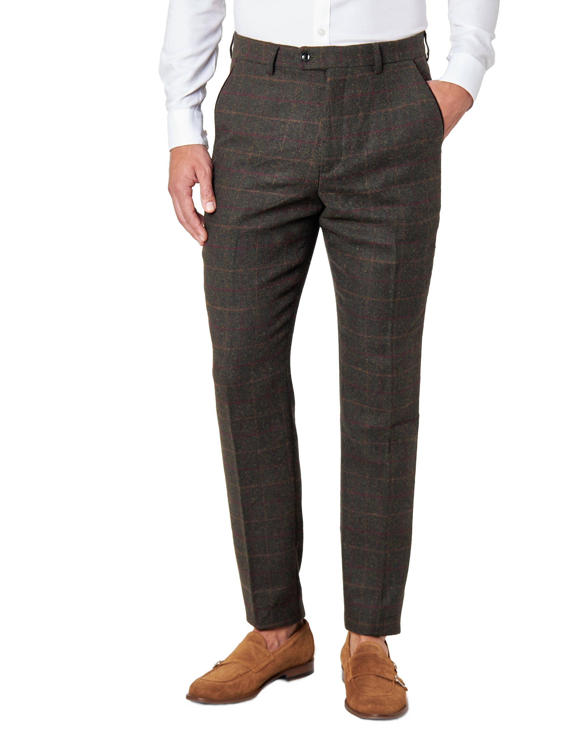 VITORI A2 - Mens Green Vintage Styled Check Herringbone Tailored Fit Trousers