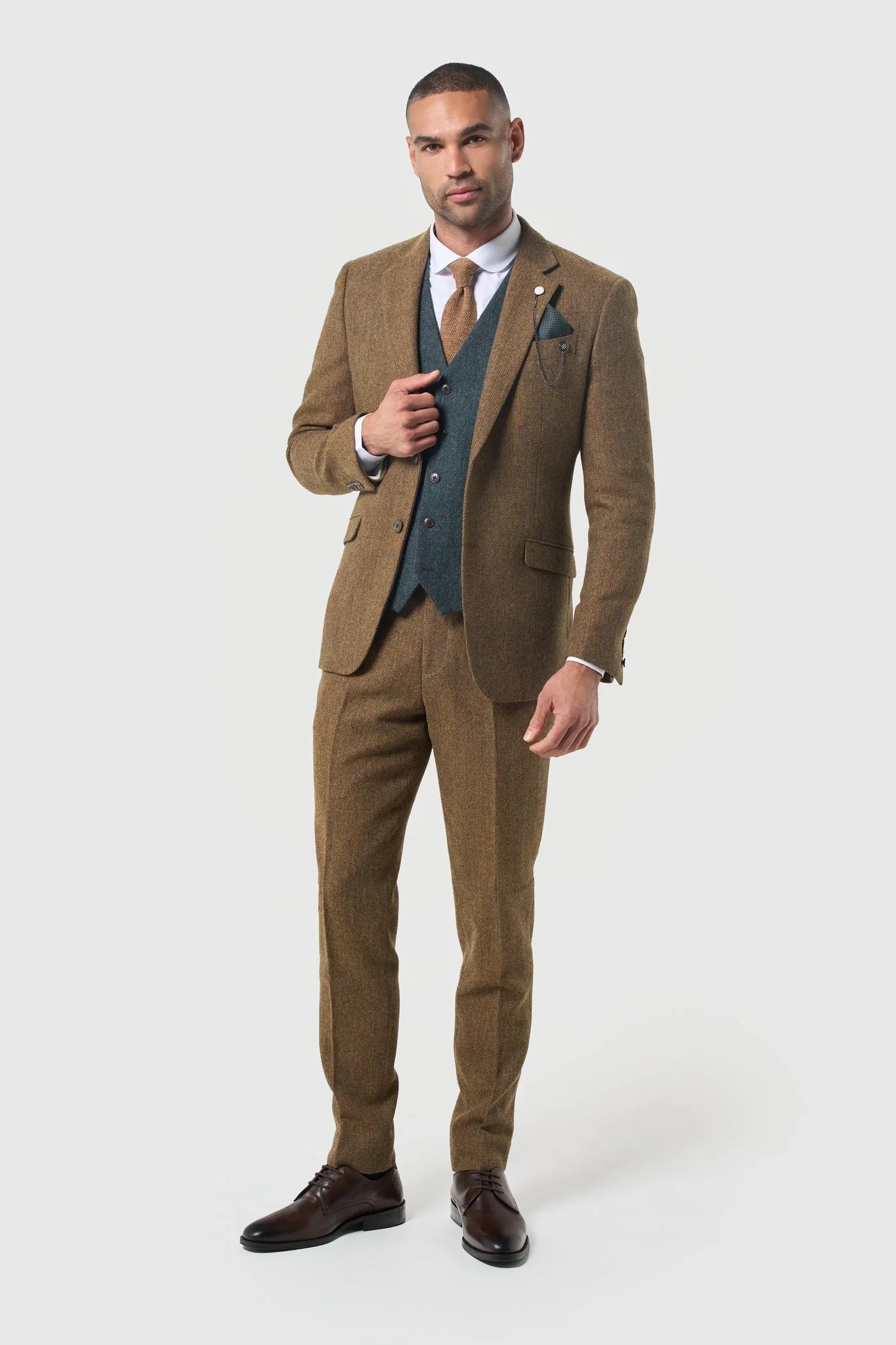 CAVANI – Thomas Mens Brown Herringbone Wool Rich Suit Olive Waistcoat