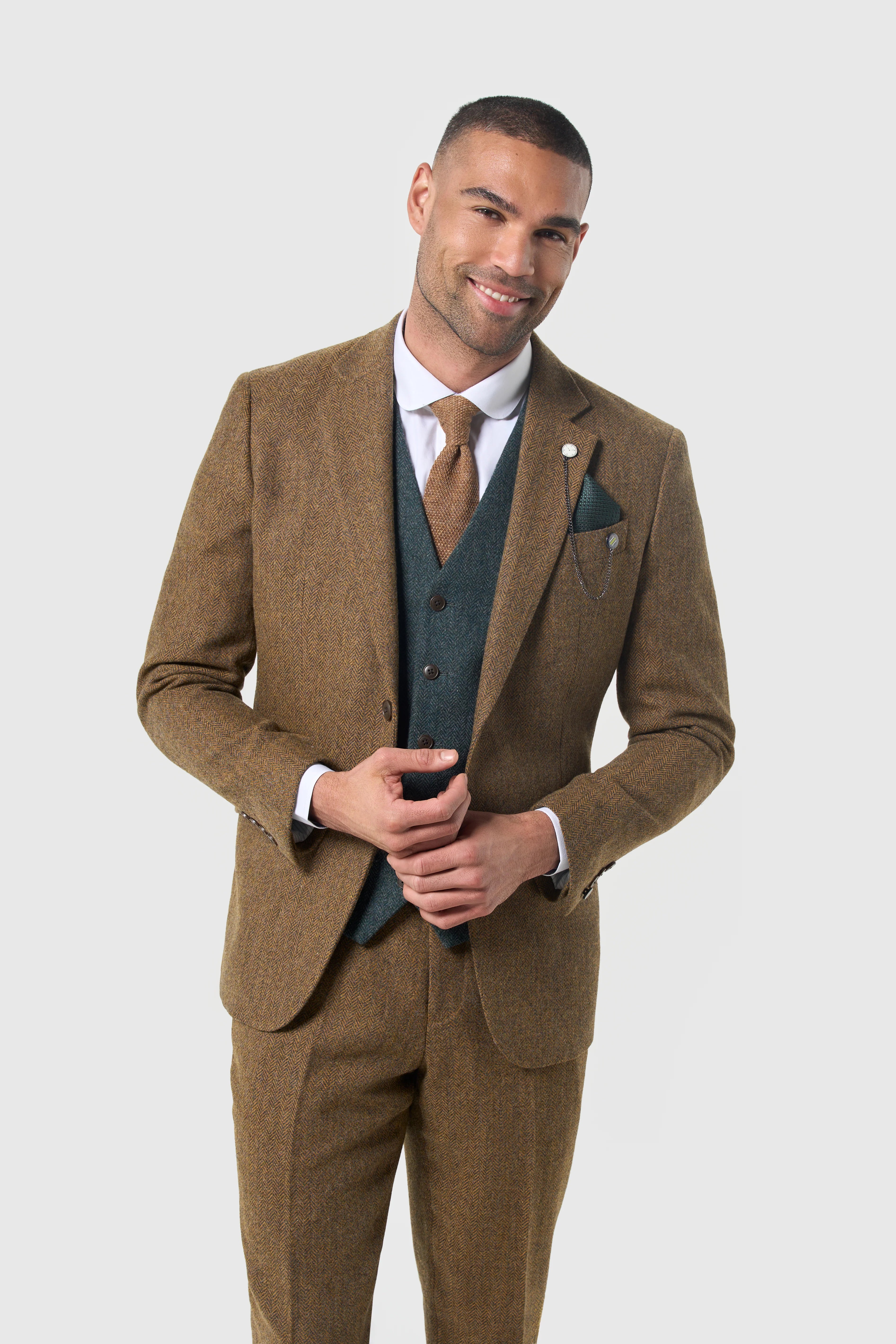 CAVANI – Thomas Mens Brown Herringbone Wool Rich Suit Olive Waistcoat