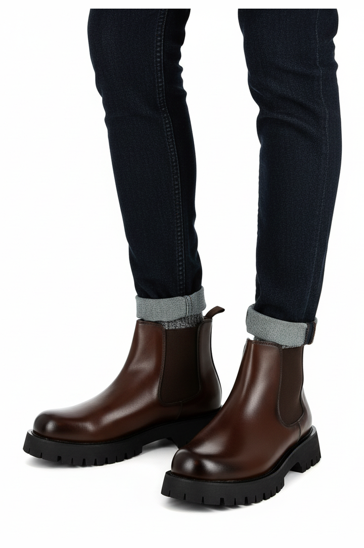 Brown Faux Leather Chelsea Boots Chunky Cleated Sole