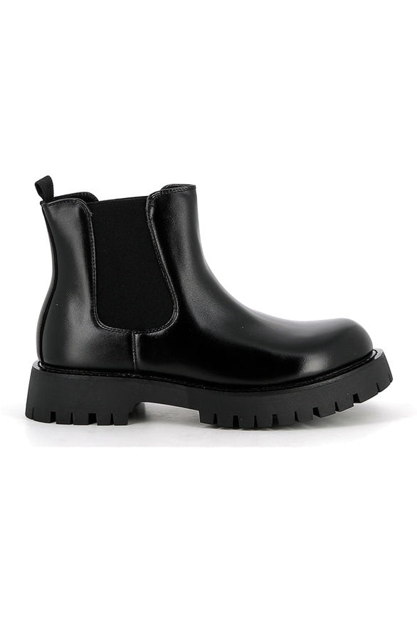 Black Faux Leather Chelsea Boots Chunky Cleated Sole