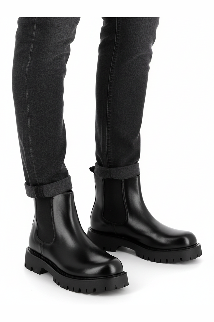 Black Faux Leather Chelsea Boots Chunky Cleated Sole