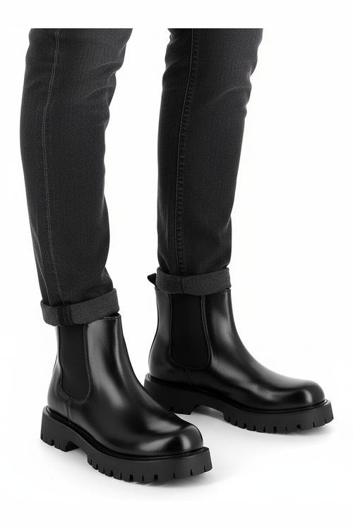 Black Faux Leather Chelsea Boots Chunky Cleated Sole
