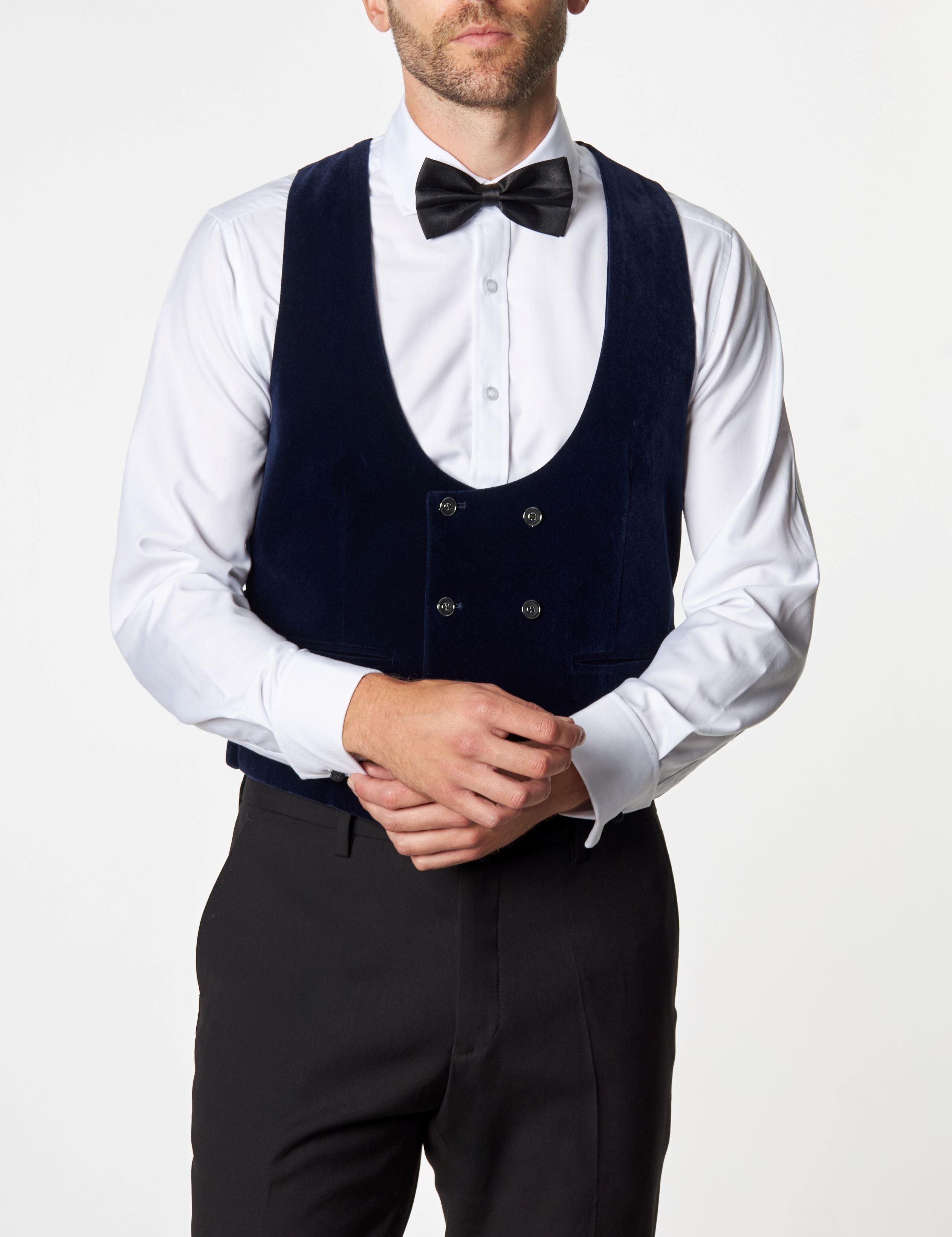 NAVY VELVET DOUBLE BREASTED LOW U CUT WAISTCOAT