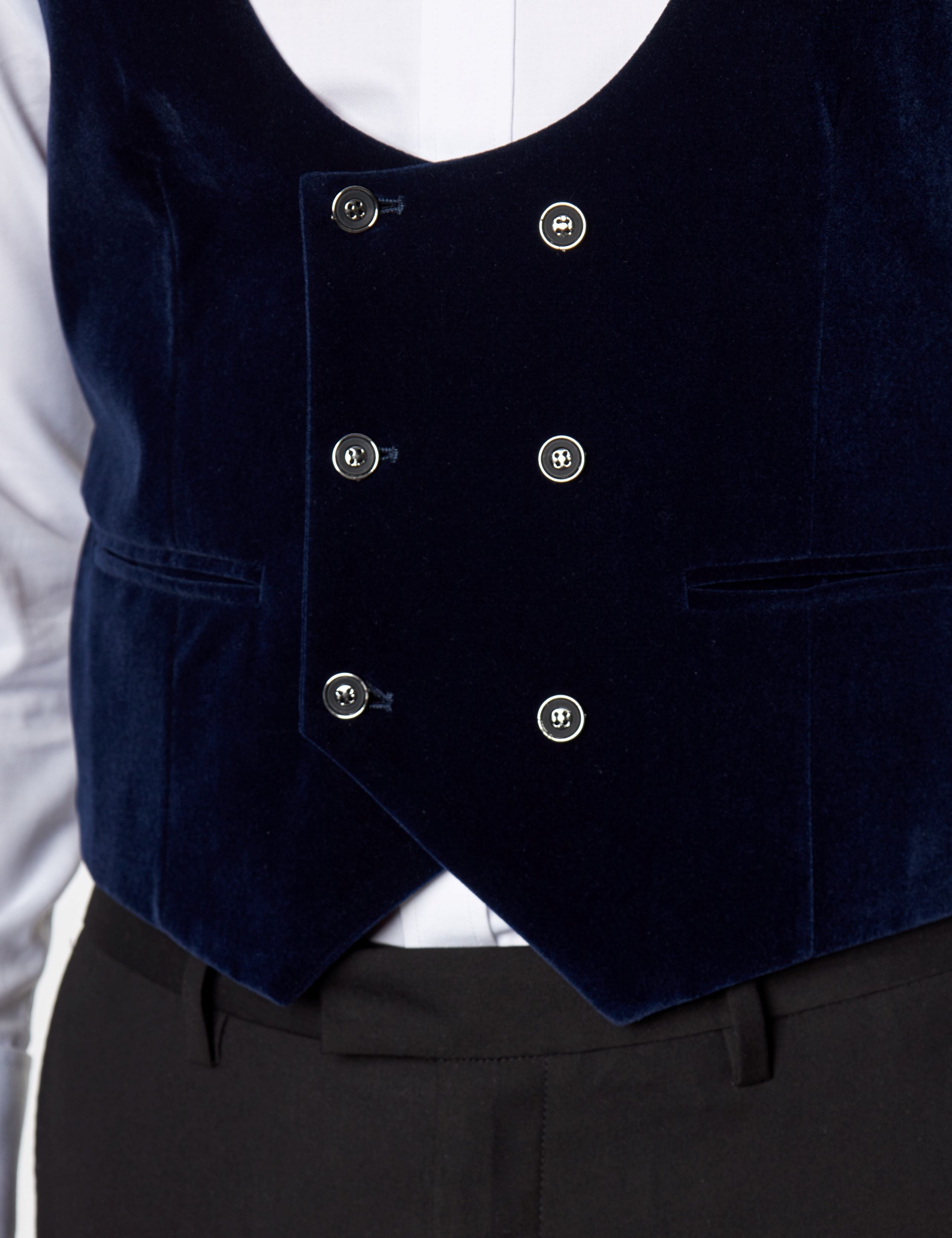 NAVY VELVET DOUBLE BREASTED LOW U CUT WAISTCOAT