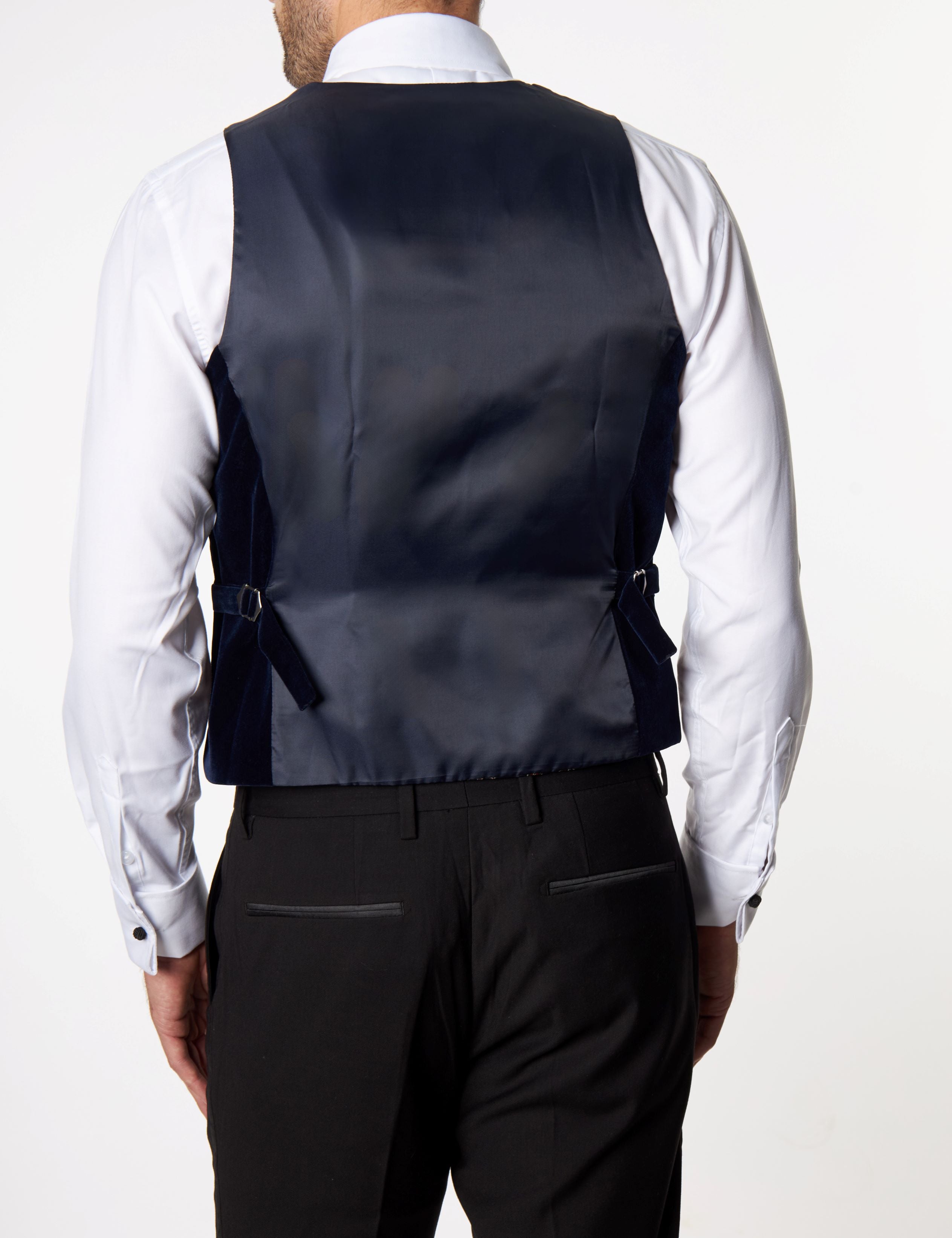 NAVY VELVET DOUBLE BREASTED LOW U CUT WAISTCOAT