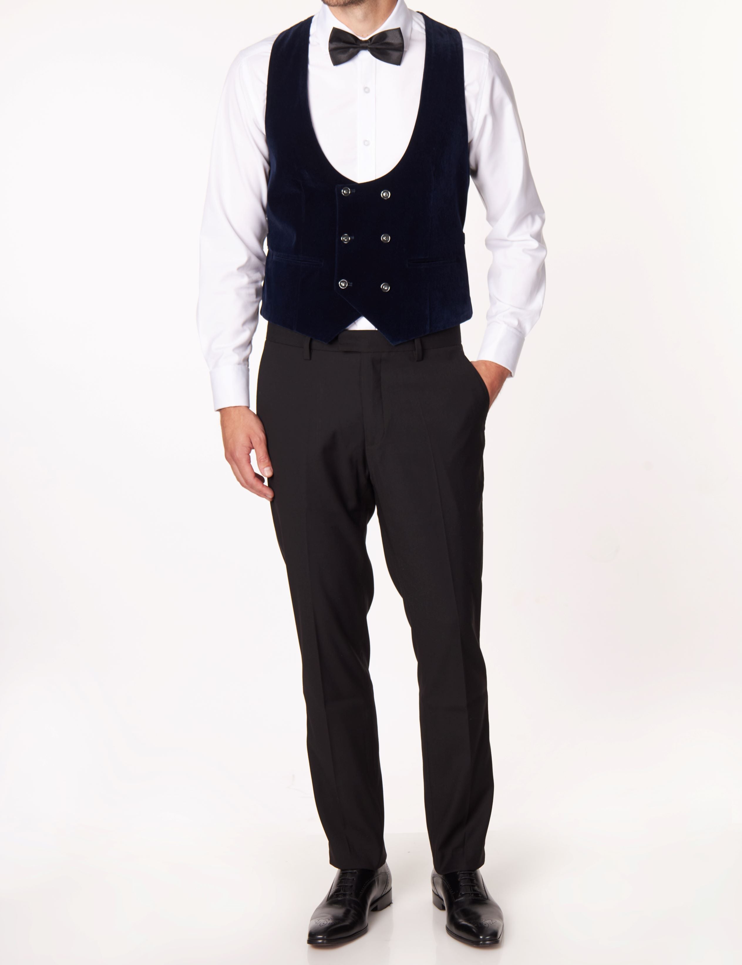 NAVY VELVET DOUBLE BREASTED LOW U CUT WAISTCOAT