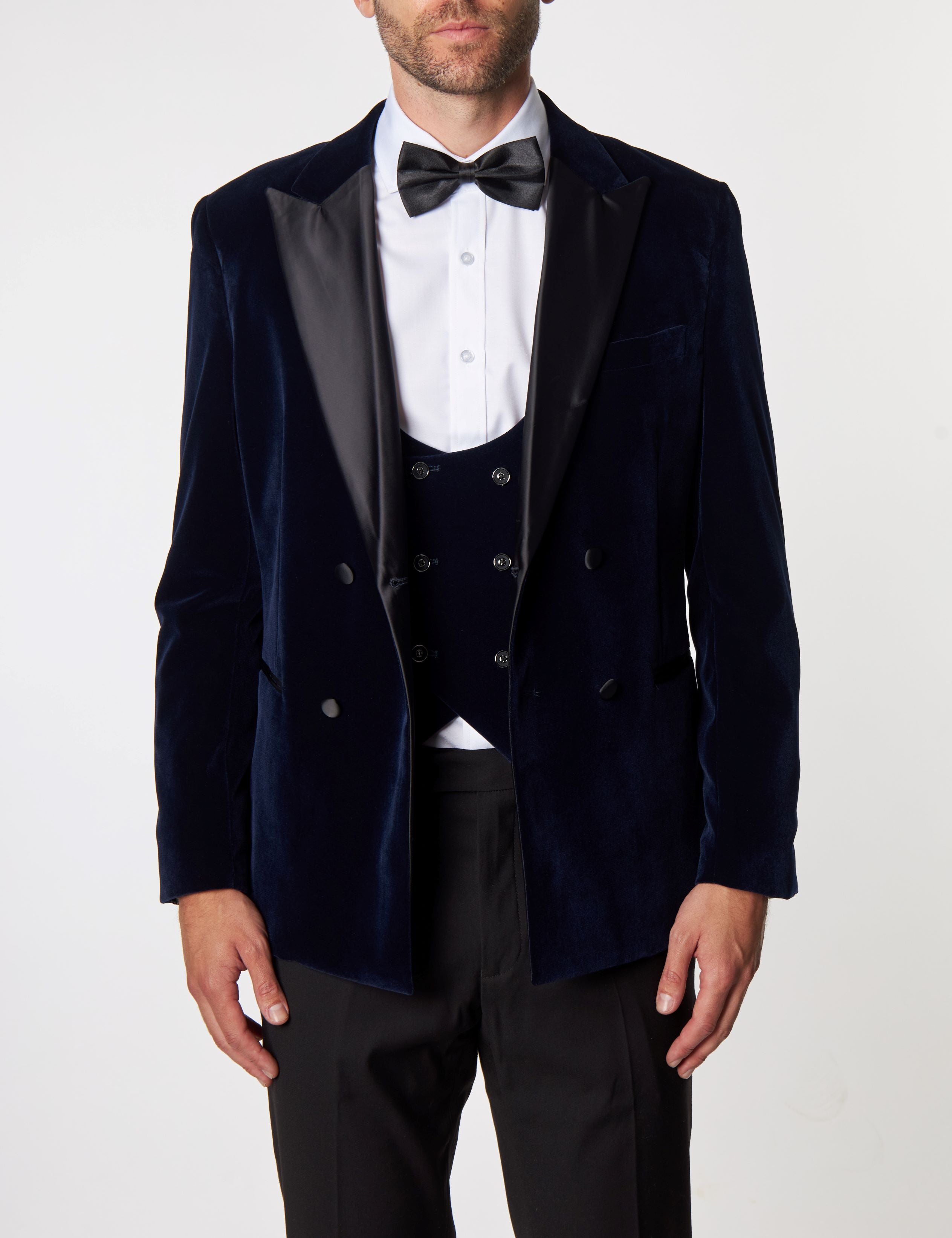 NAVY VELVET DOUBLE BREASTED LOW U CUT WAISTCOAT