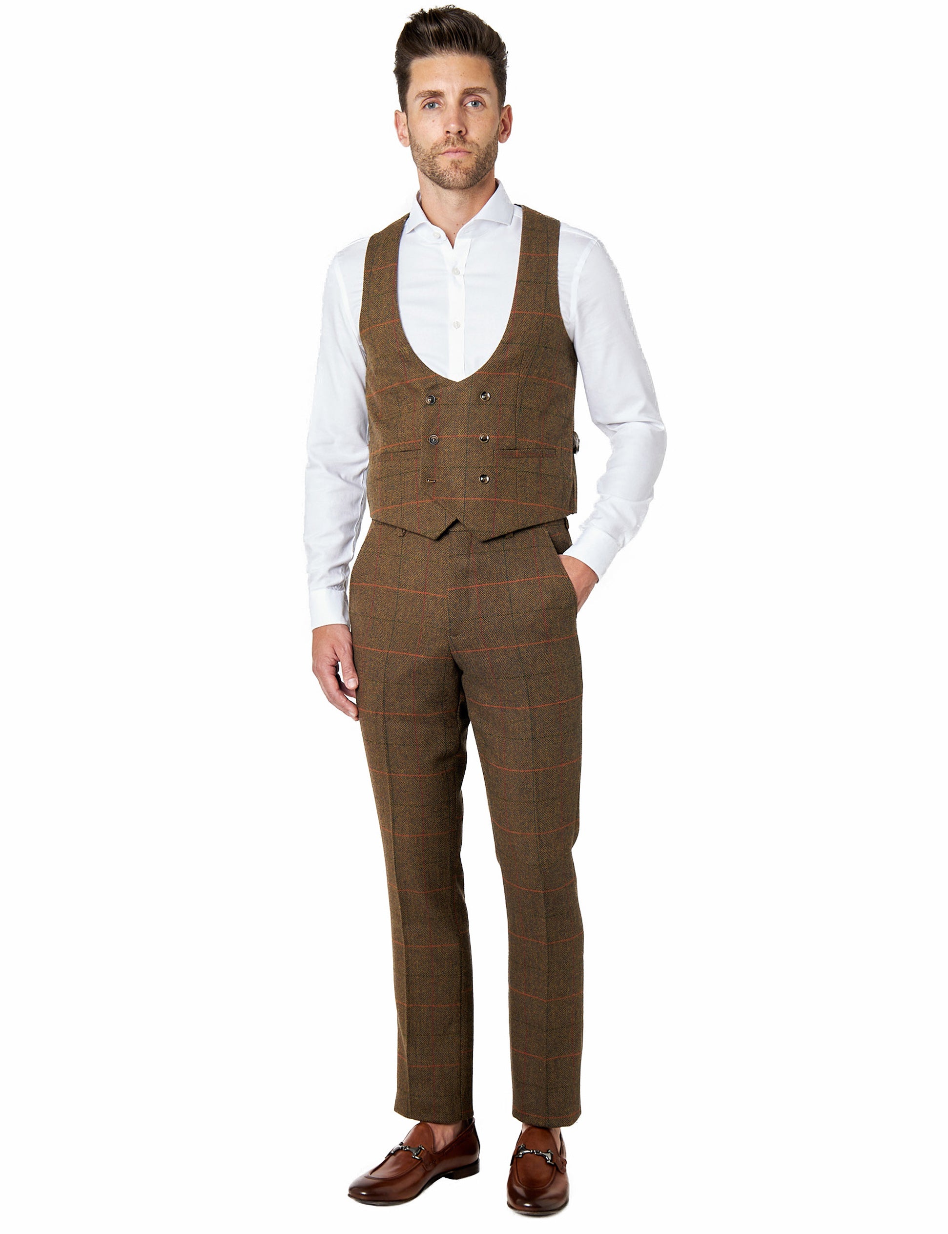 Jarvis - Tan Brown Tweed Check Low U Cut Waistcoat