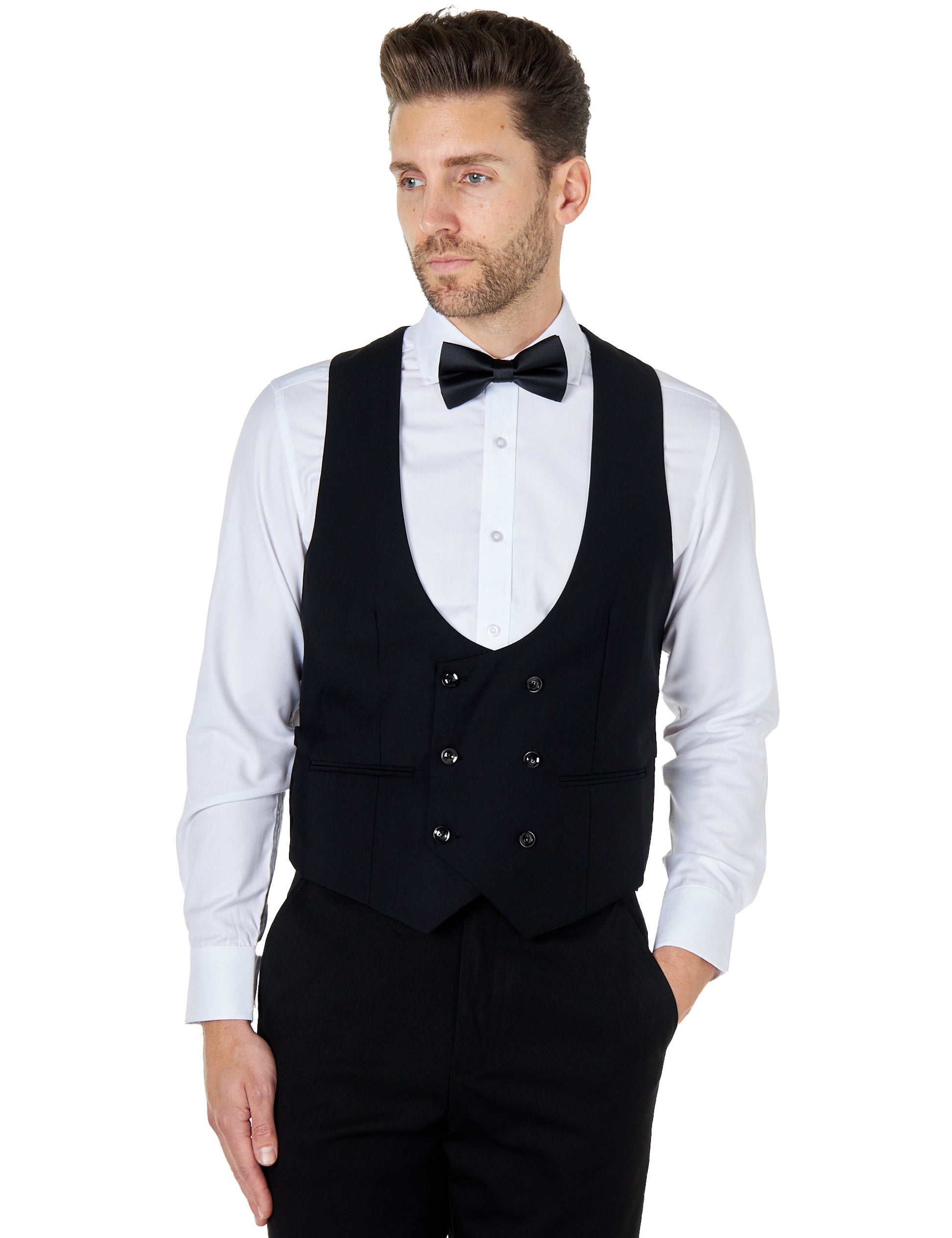 BLACK LOW U CUT DOUBLE BREASTED WAISTCOAT