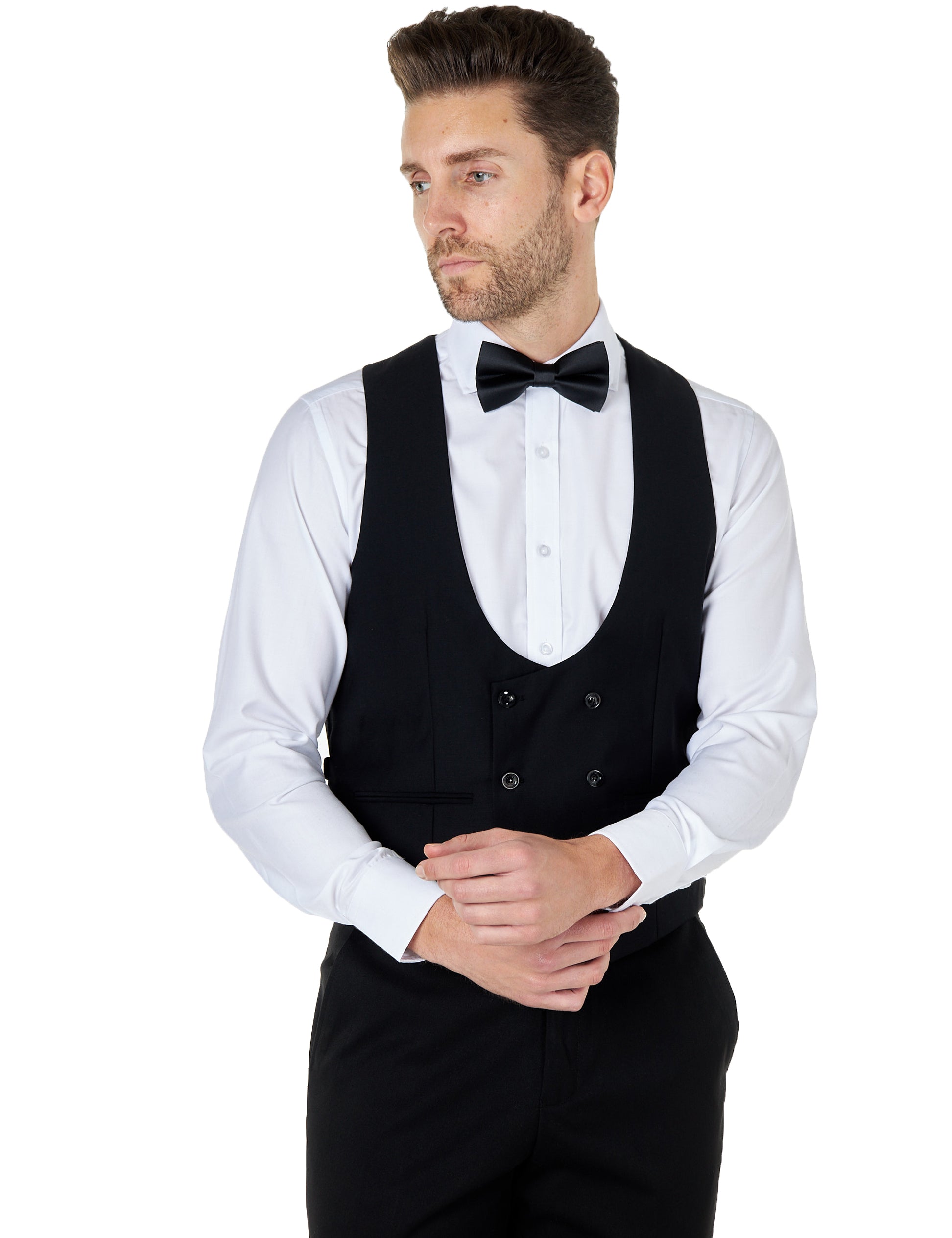 BLACK LOW U CUT DOUBLE BREASTED WAISTCOAT