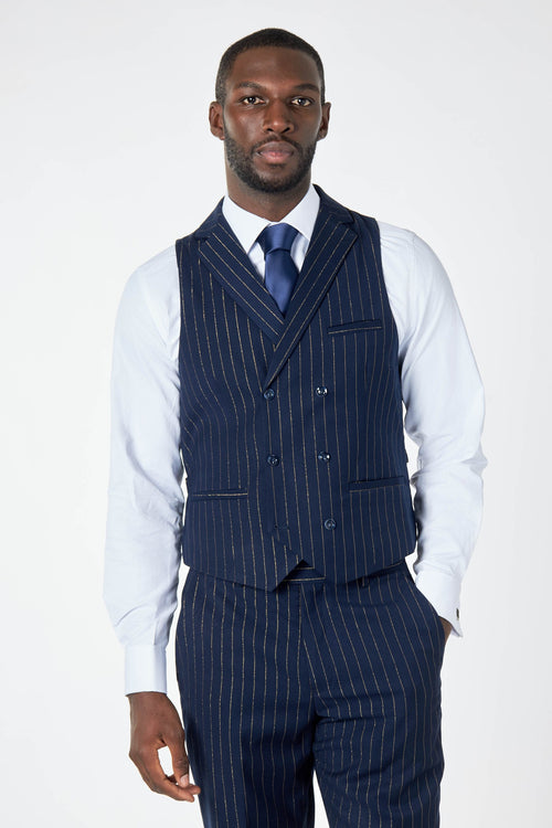 MENS NAVY GOLD PINSTRIPE SMART FORMAL TAILORED FIT WEDDING PARTY WAISTCOAT