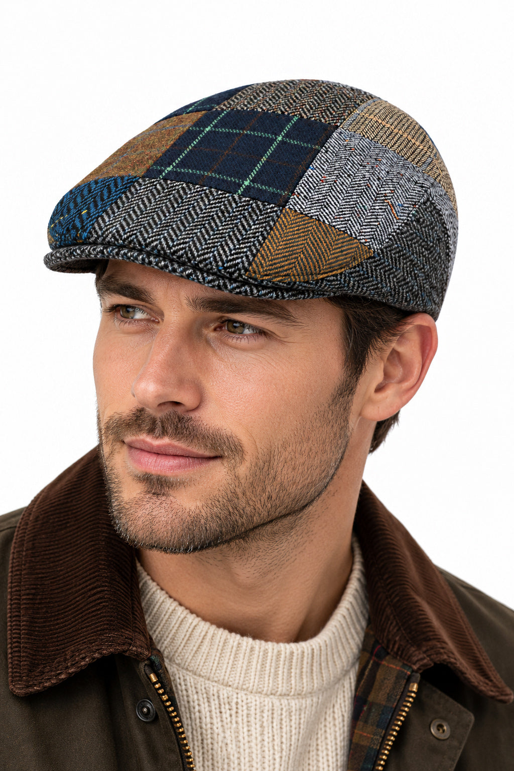 Multicolour Wool Herringbone Tweed Patchwork Flat Cap