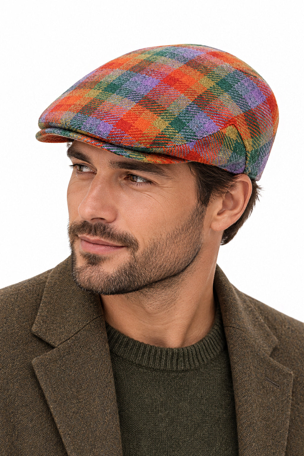 Multicolour Wool Tartan Check Tweed Flat Cap