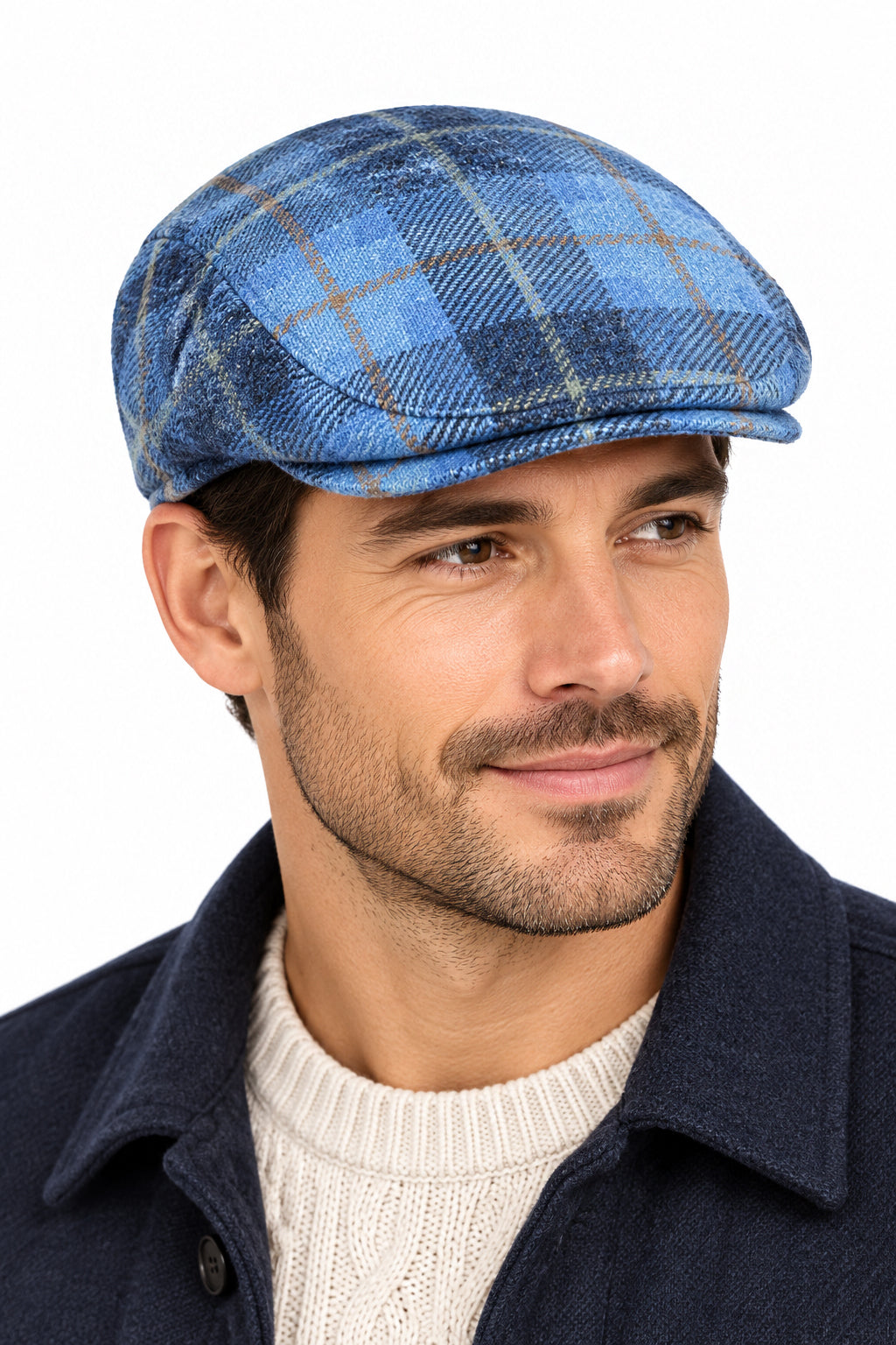 Blue Wool Checked Tweed Flat Cap