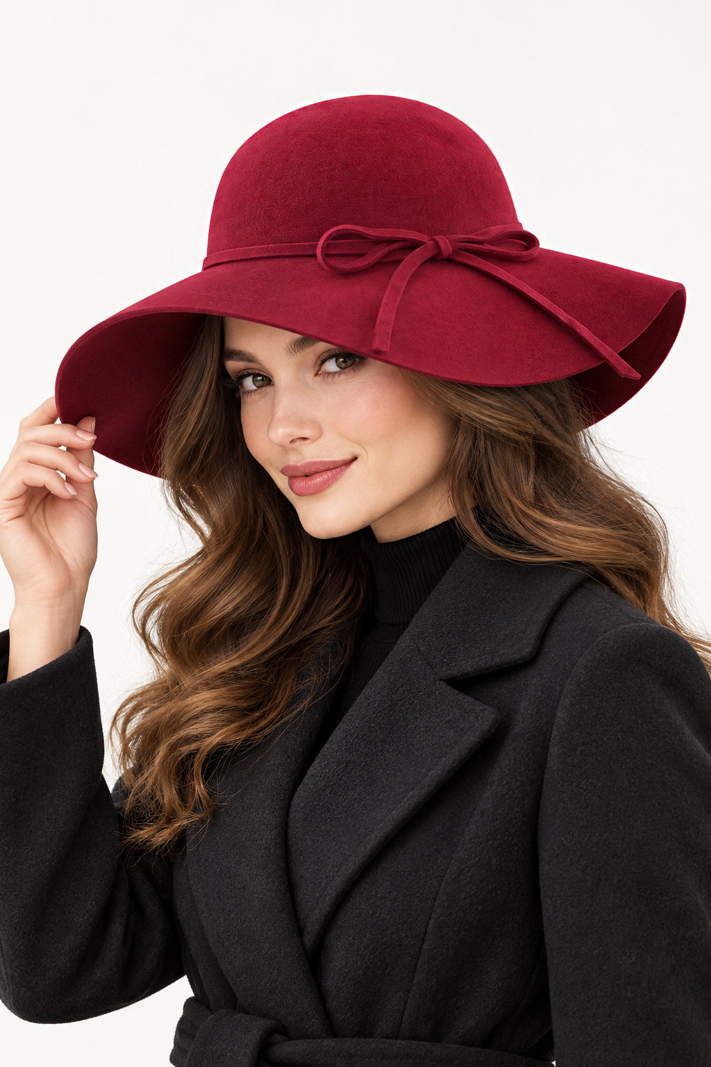 Ladies 100% Wool Wide Brim Floppy Hat with Bow Trim – Wine