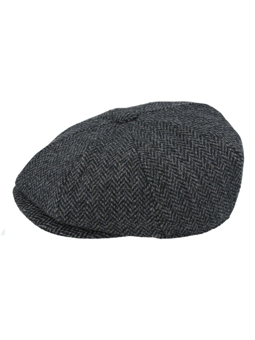 BLACK Gatsby Herringbone Wool Newsboy Flat Cap