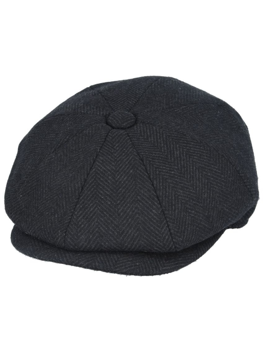 BLACK HERRINGBONE WOOL BLEND NEWSBOY FLAT CAP