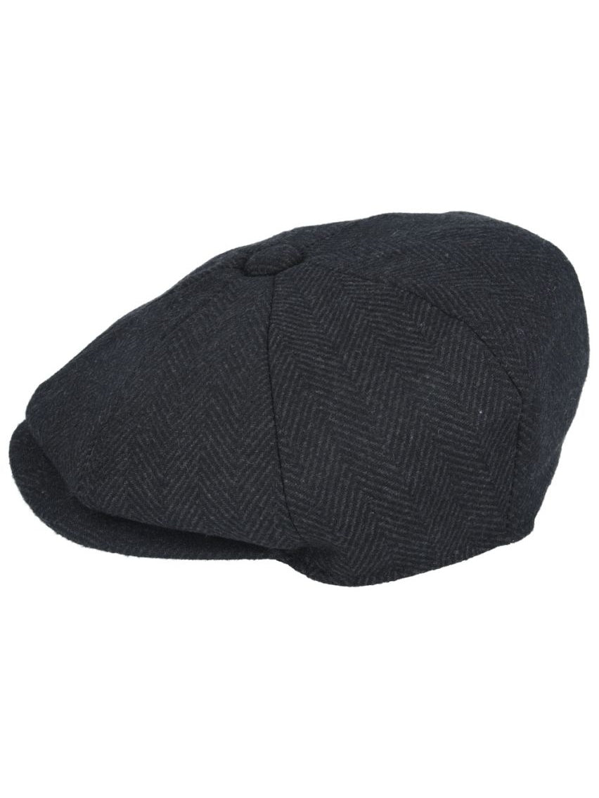 BLACK HERRINGBONE WOOL BLEND NEWSBOY FLAT CAP