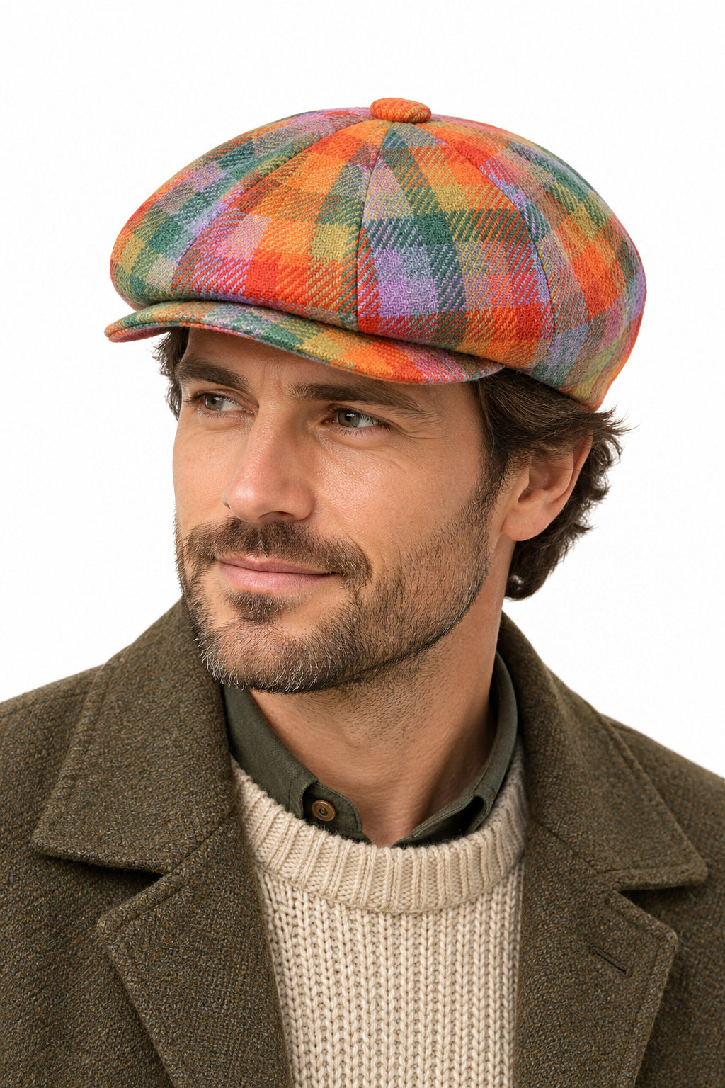 Multicolour Tartan Checked Tweed Wool 8 Panel Newsboy Cap