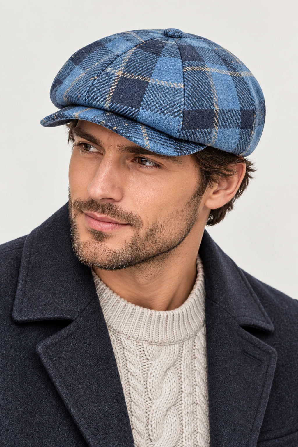 Blue Checked Tweed Wool 8 Panel Newsboy Cap
