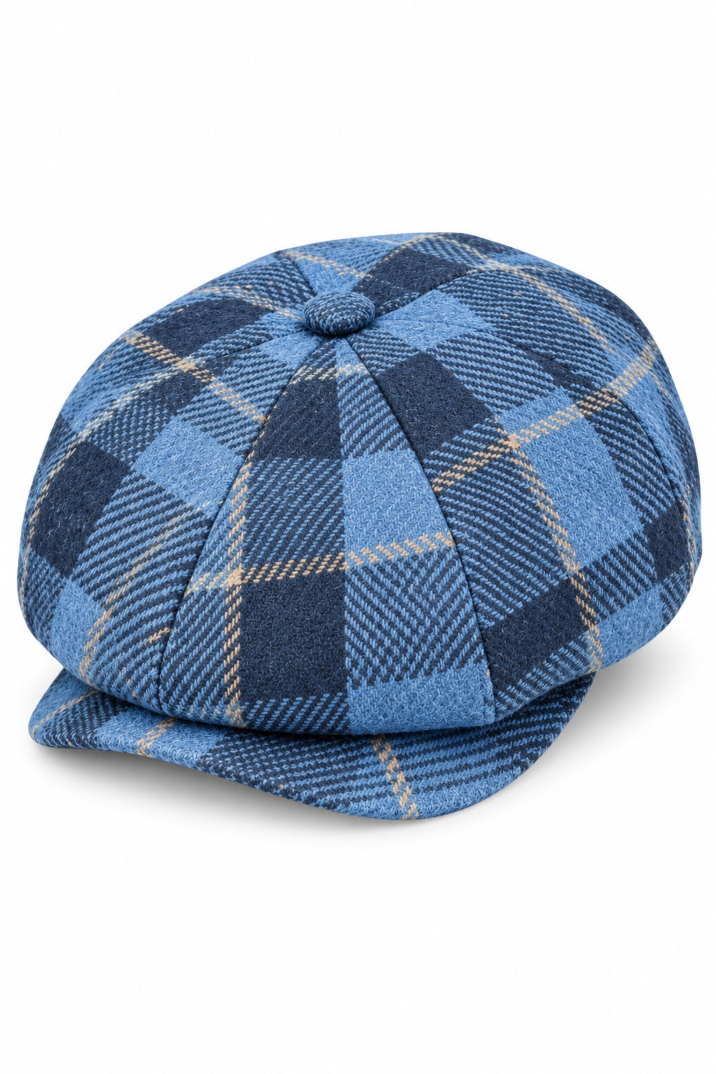Blue Checked Tweed Wool 8 Panel Newsboy Cap