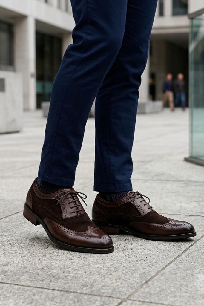 Lawson Men's Handmade Leather & Suede Wingtip Brogue Shoes – Brown