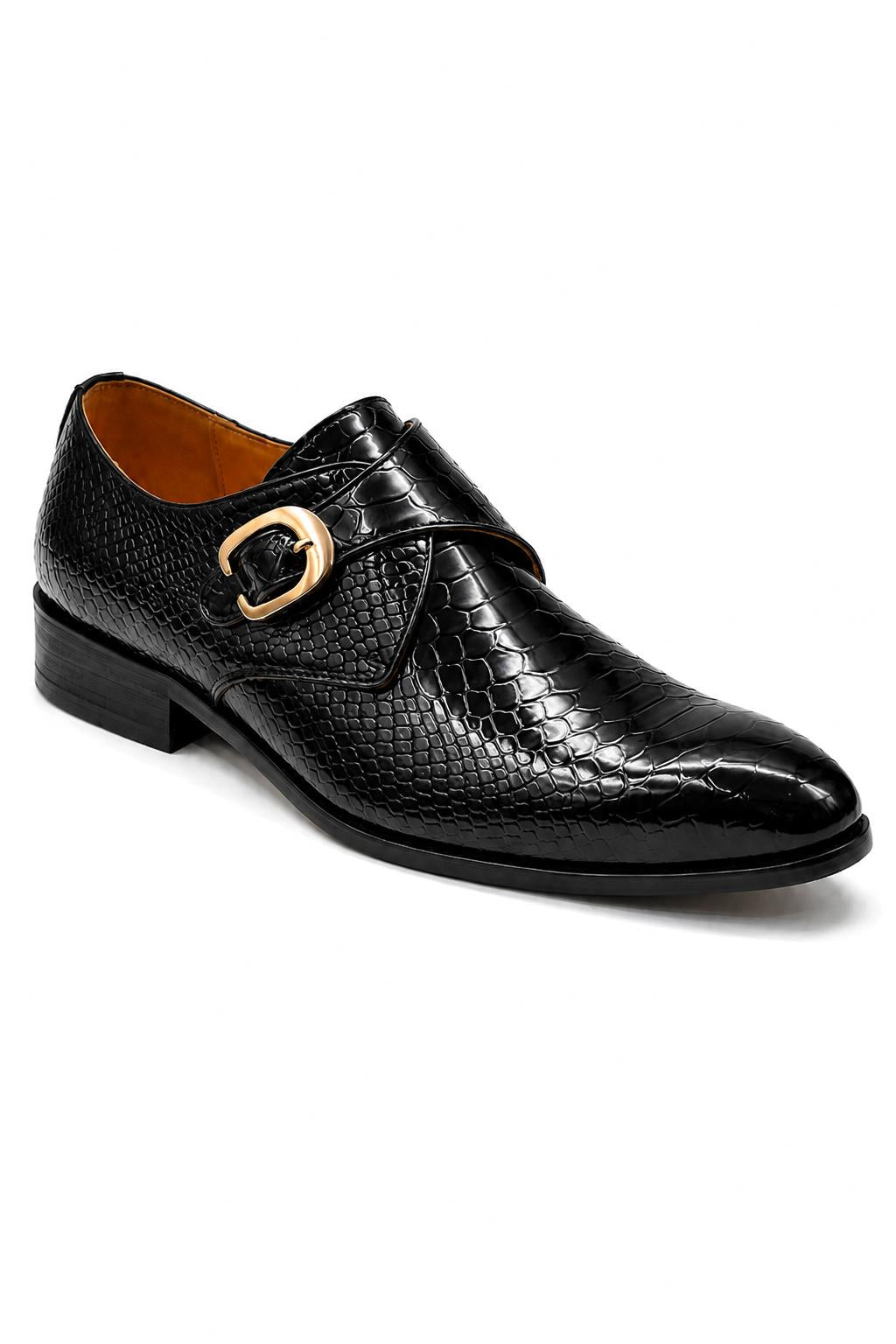 BLACK CROC PRINT PATENT LEATHER MONK SHOES
