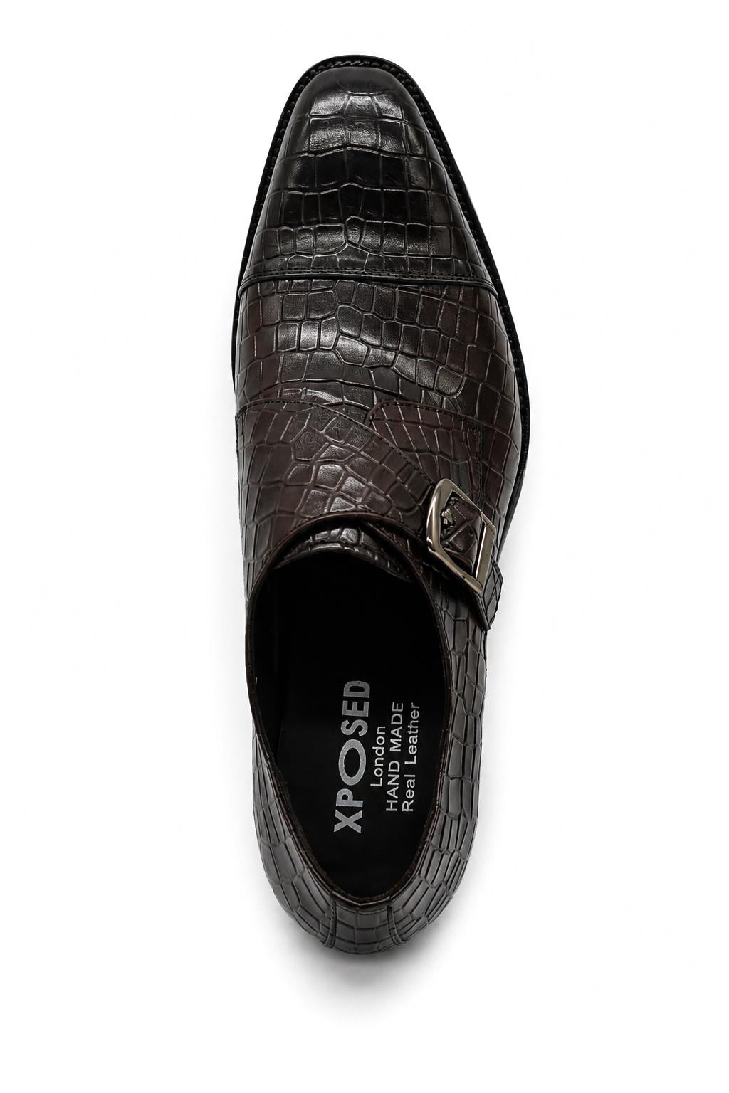 ELAN - Men's Coffee Brown Croc Embossed Leather Single Monk Strap Shoes