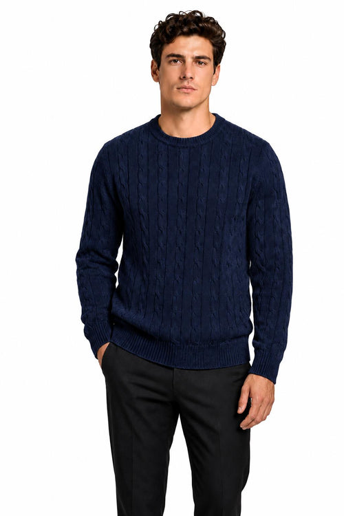 Men's Navy 100% Cotton Fine Cable Knit Crew Neck Jumper