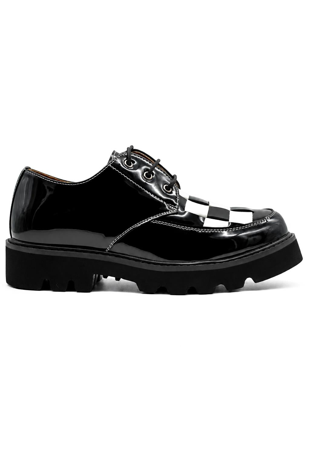 Men's Shiny Patent Black & White Mod-Style Chunky Derby Shoes
