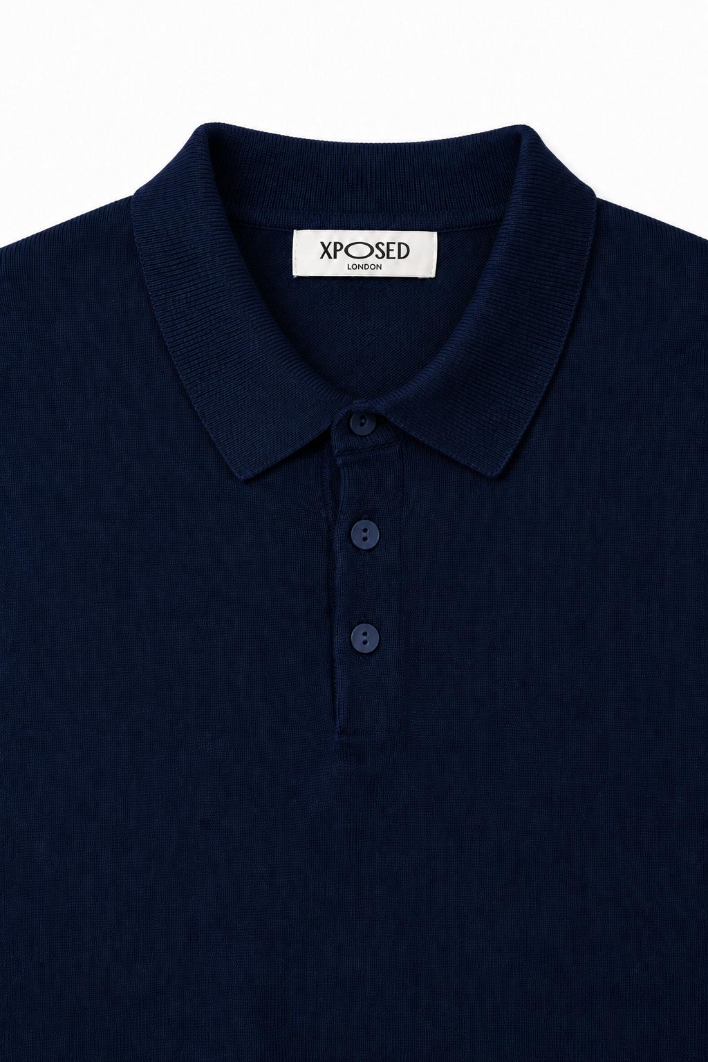 Men's Navy 100% Cotton Fine Knit Button Neck Polo Jumper
