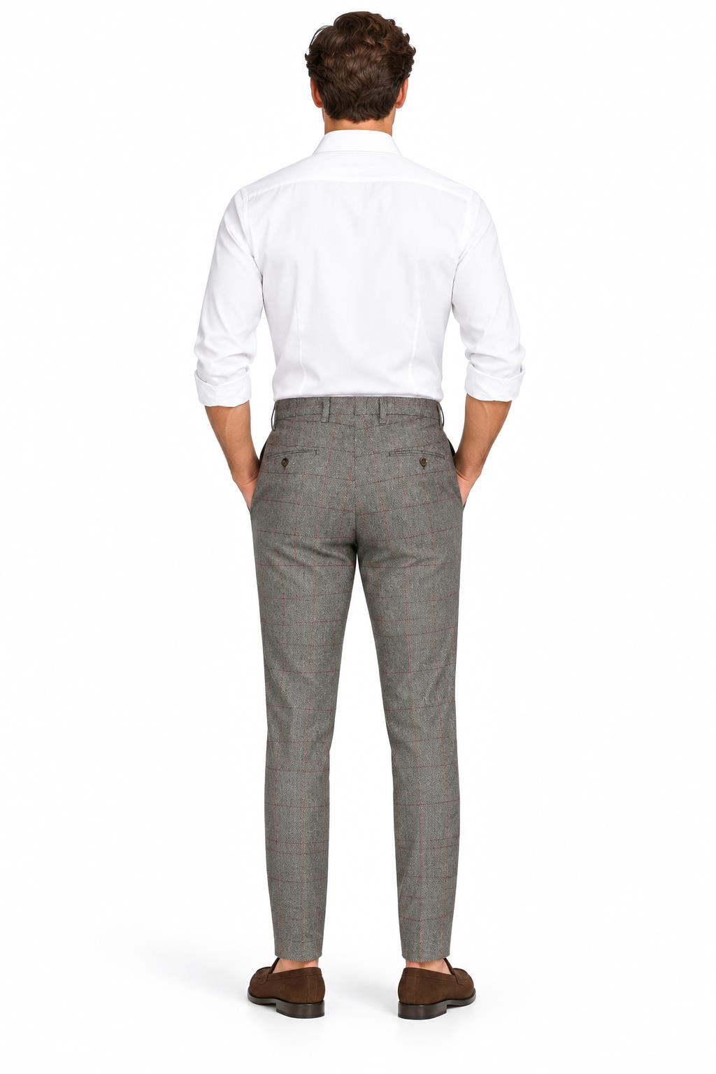 Kano - Mens Grey Double Breasted Tweed Herringbone Trousers