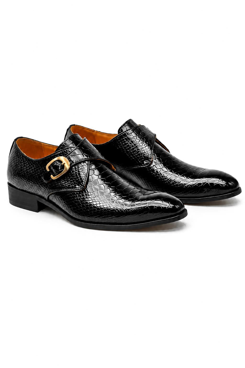 BLACK CROC PRINT PATENT LEATHER MONK SHOES