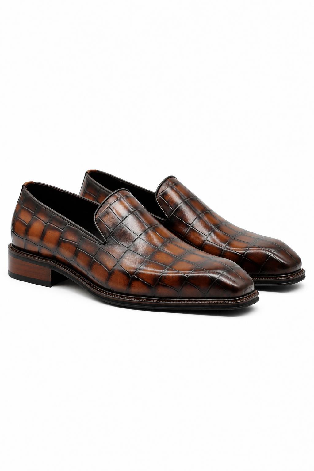 ELBA Men’s Tan Croc Embossed Leather Chisel Toe Loafers