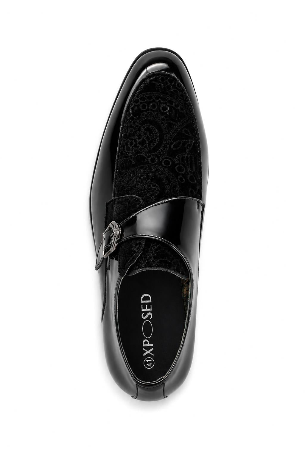 Men's Black Floral Velvet Monk Strap Dress Shoes