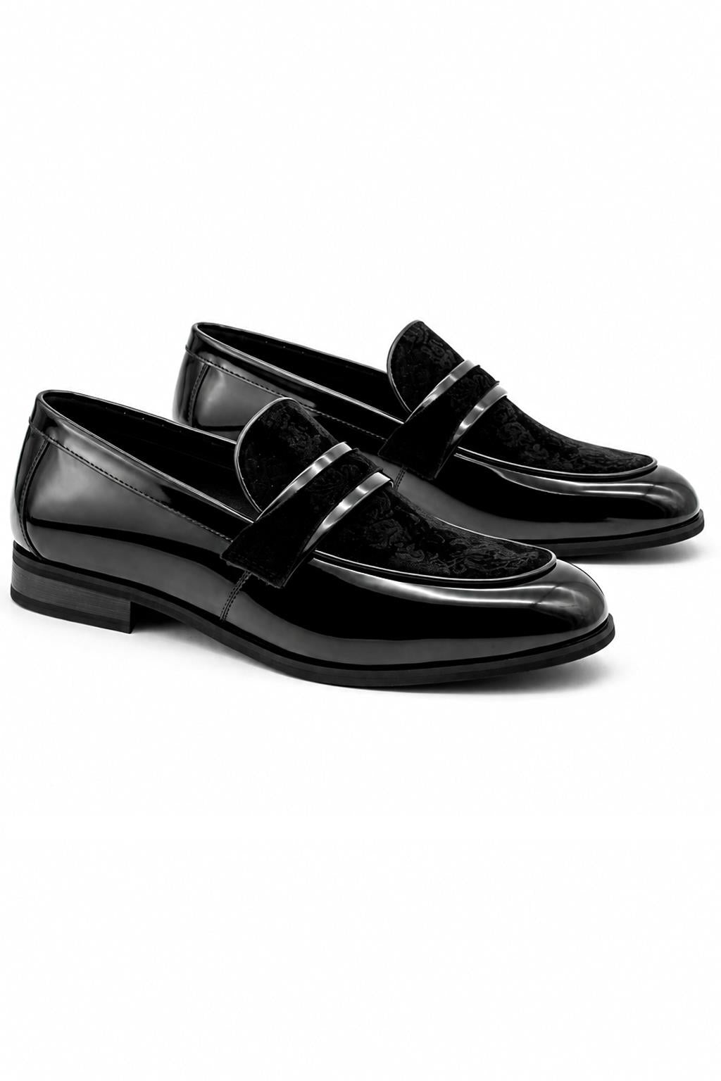 Men's Black Floral Velvet Patent Dress Loafers