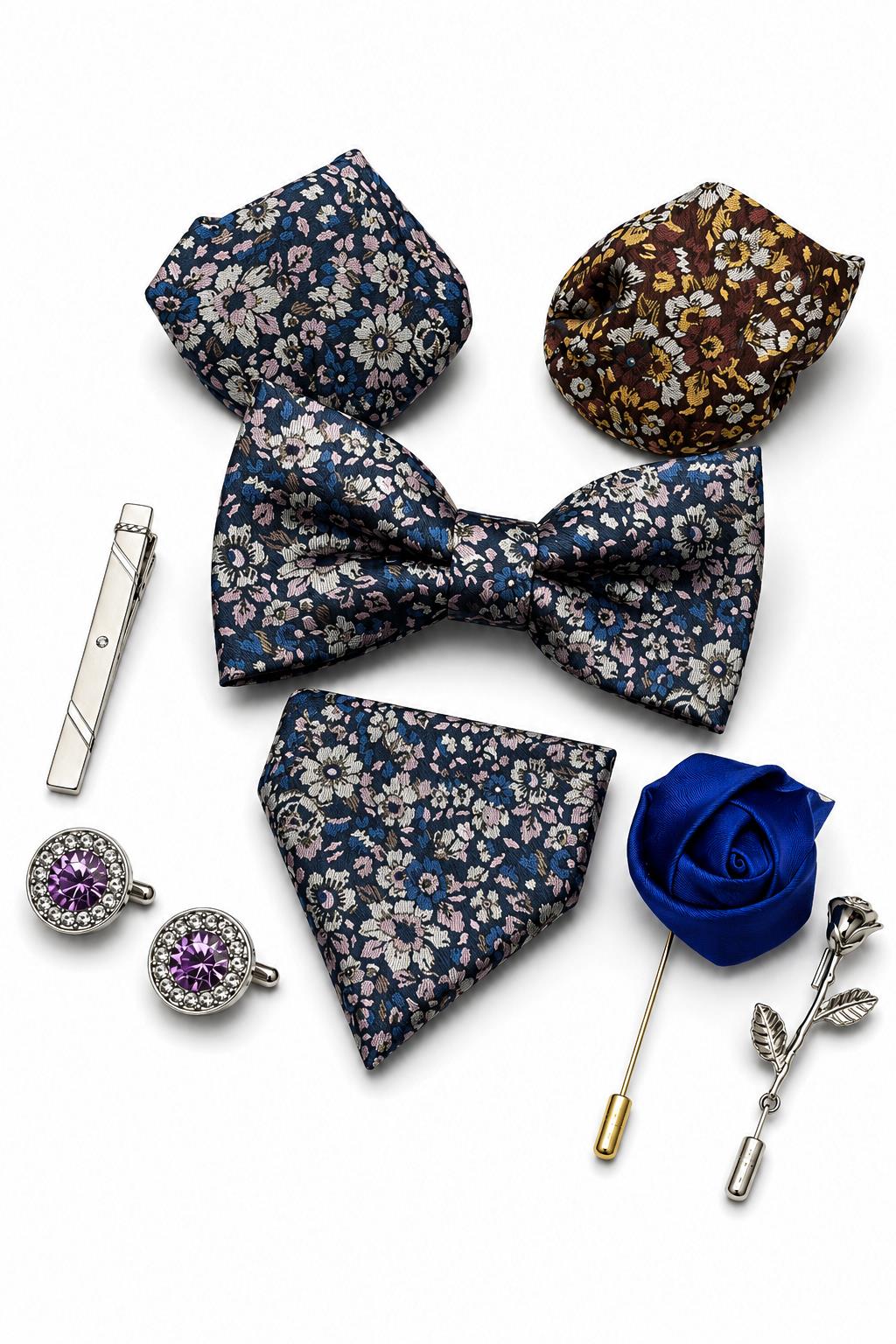 Men's Blue Floral 8 Piece Tie & Bow Tie Wedding Gift Set