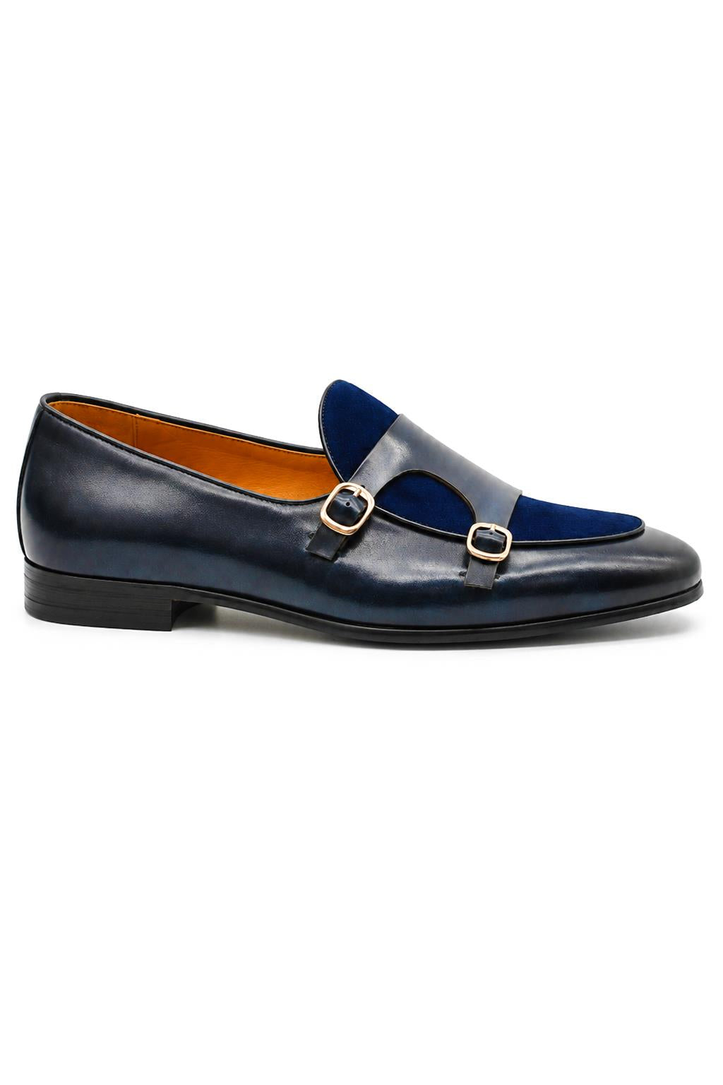SOREN Men’s Navy Blue Leather & Suede Double Monk Shoes