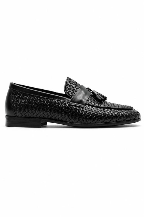 DIVO Men’s Black Handmade Woven Leather Tassel Loafers