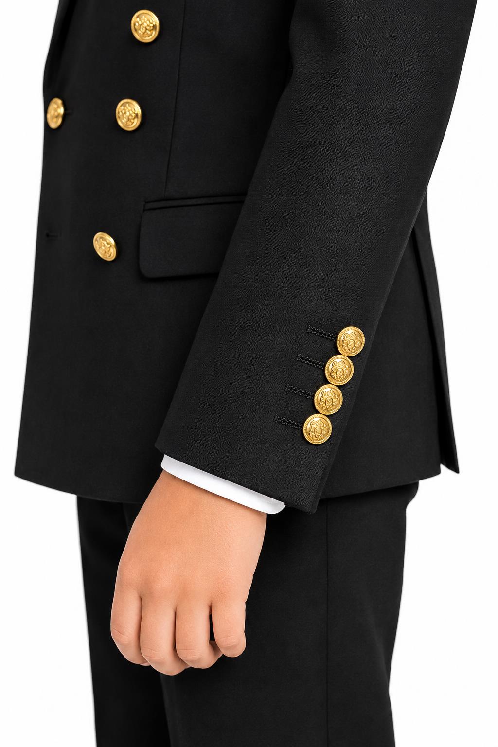 Boys Black Double Breasted 2 Piece Suit with Gold Buttons & Lapel Pin