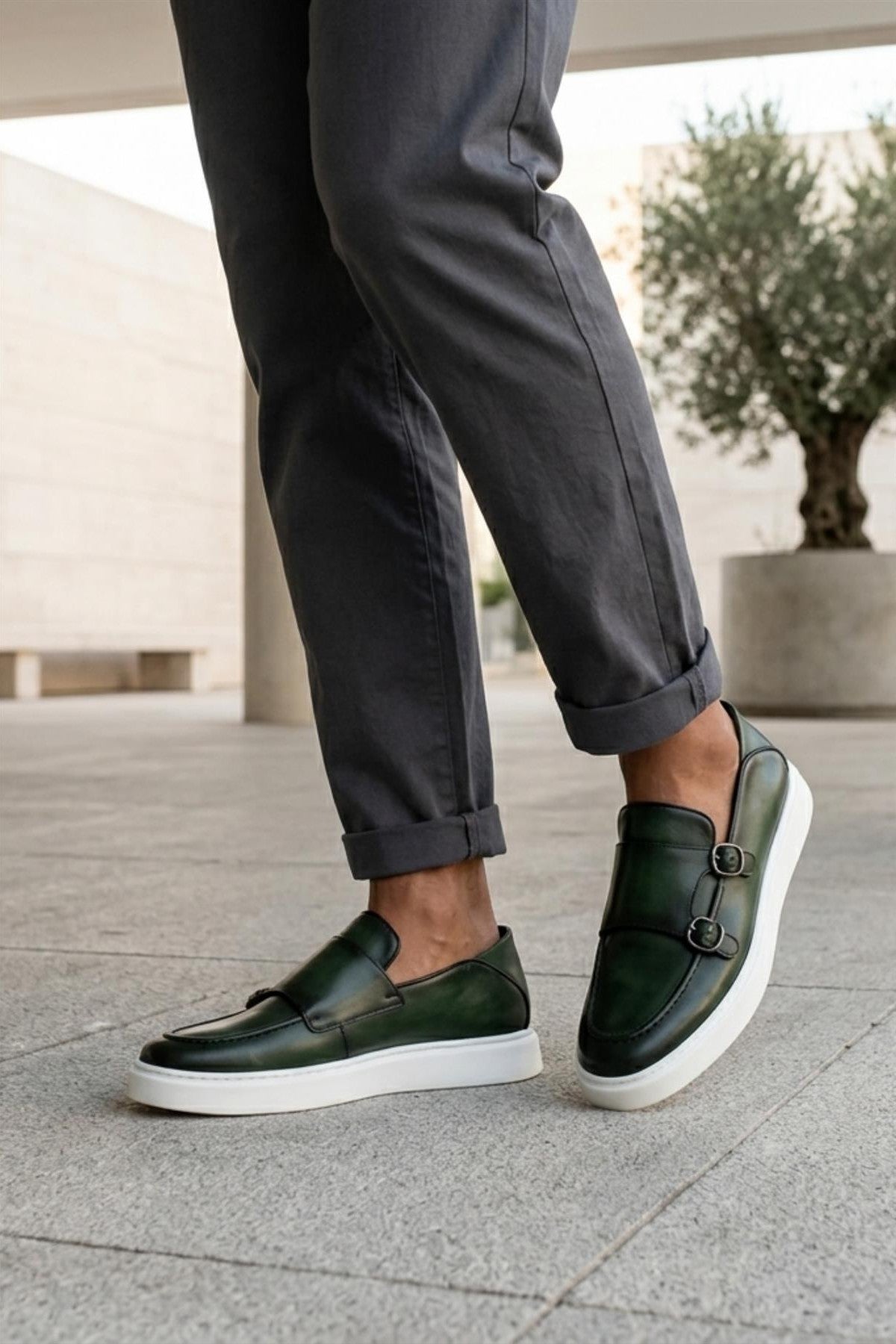 Men's Green Real Leather Monk Strap Trainers with White Sole
