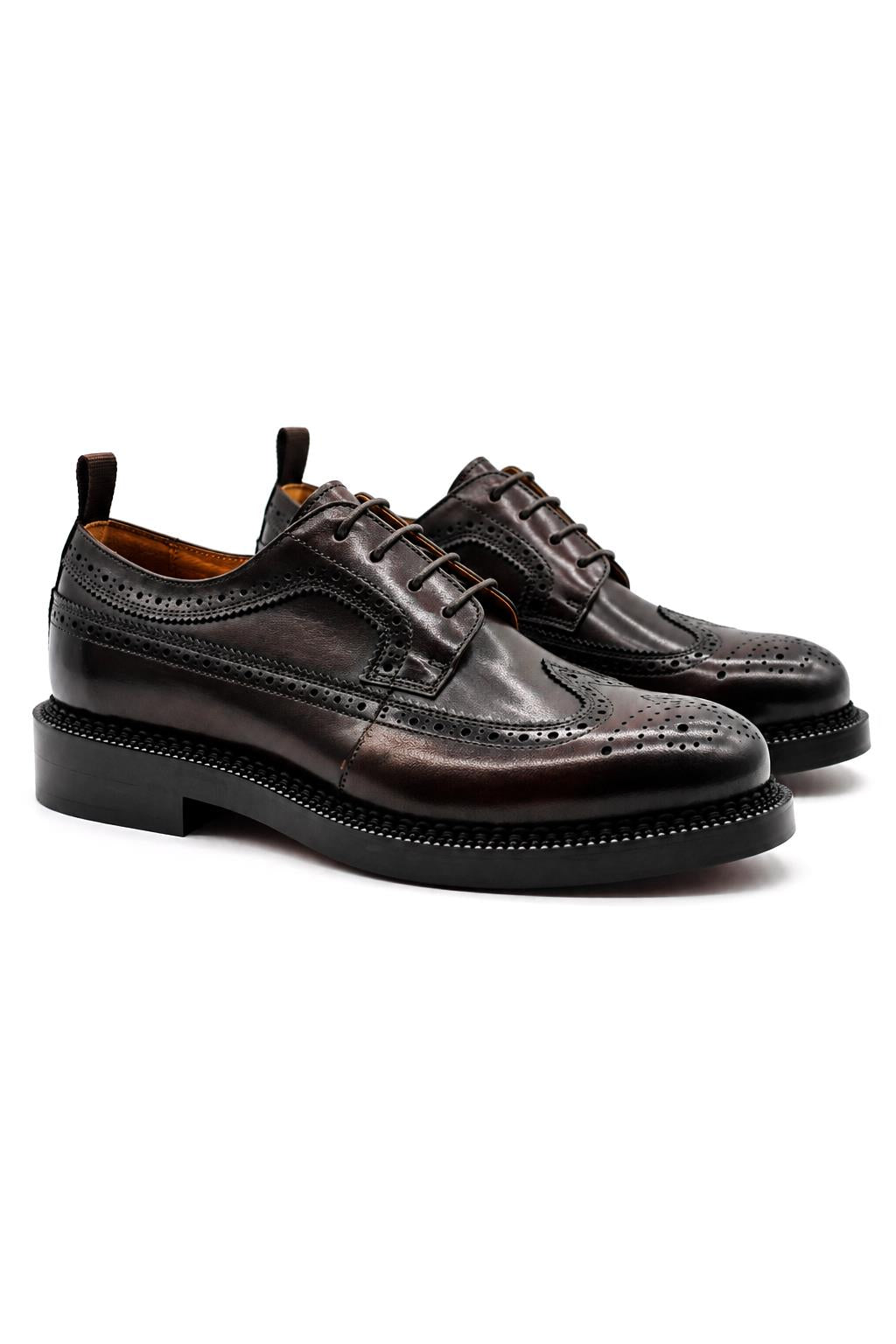Men's Polished Leather Brogues - Dark Brown Chunky Derby Shoes