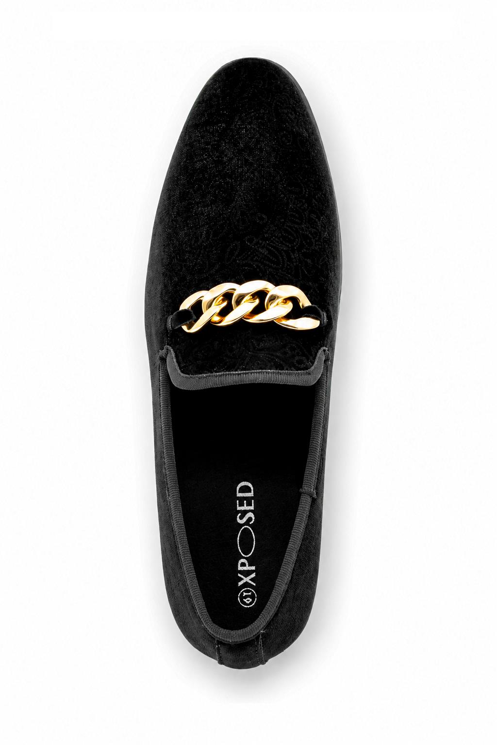 Men's Black Floral Velvet Gold Chain Wedding Loafers
